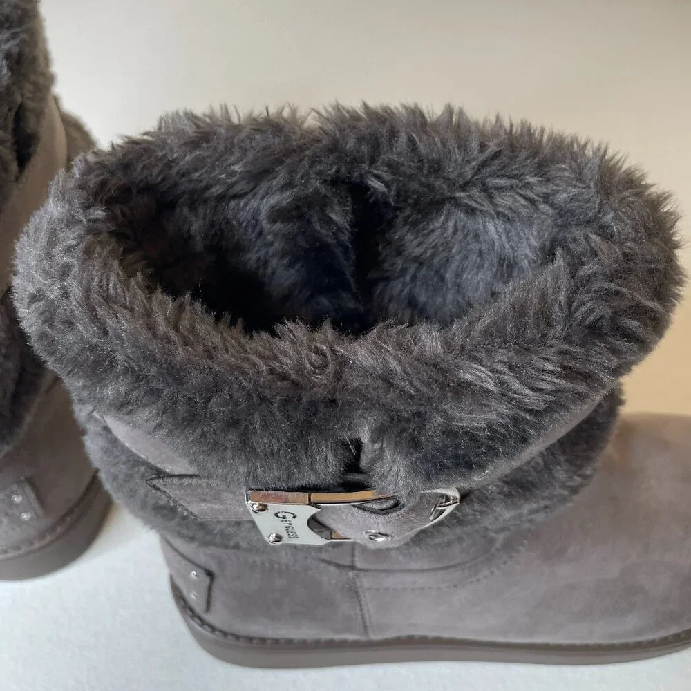 Guess Aussie Faux Fur Gray Ankle Booties Size 6